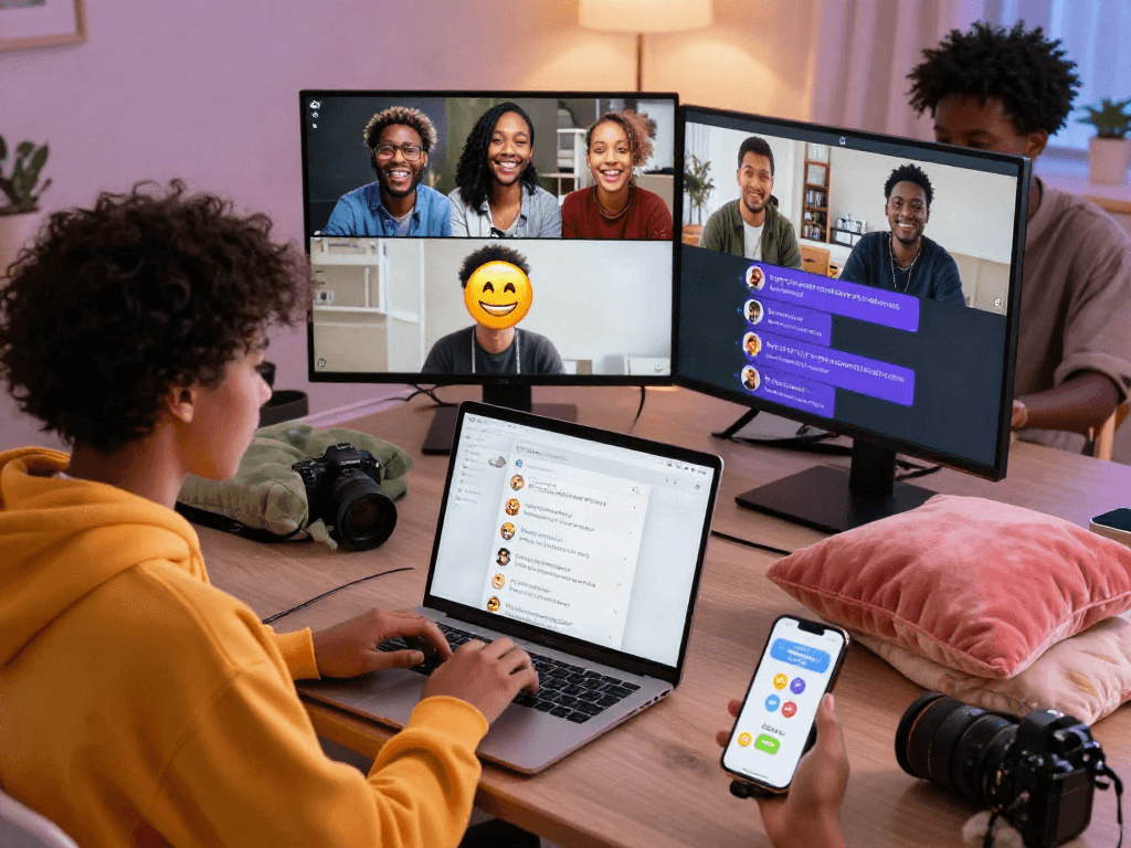 Diverse users engaging in a porn AI chat discussion within a lively virtual room, showcasing interaction and comfort.