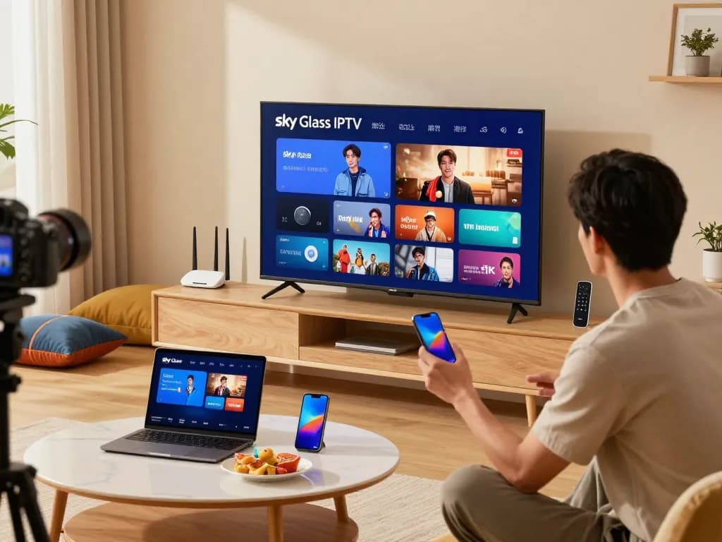 Sky Glass IPTV installation Guide setup in a modern living room with smart devices.