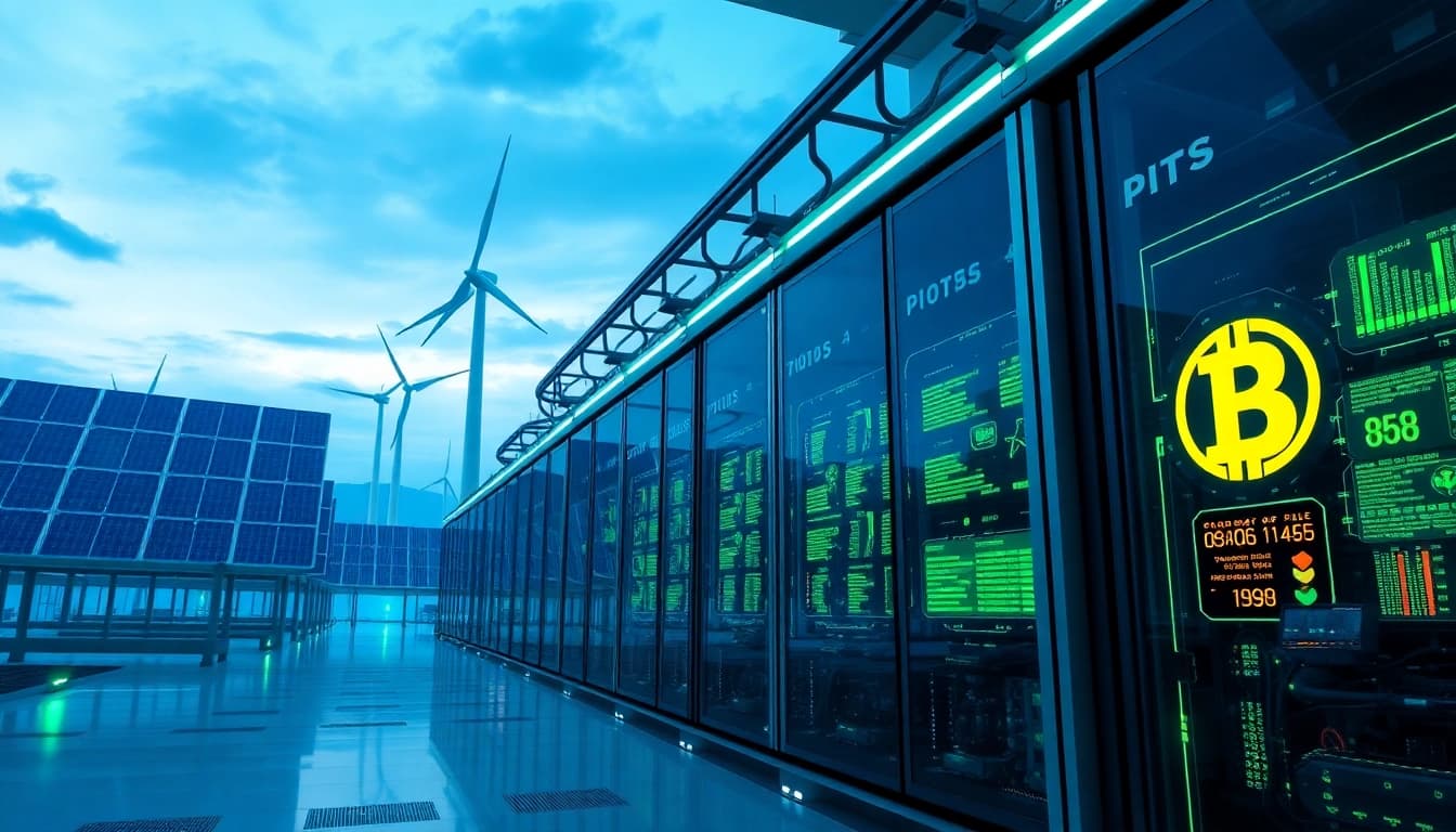 Bitcoin cloud mining facility showcasing advanced AI technology and renewable energy sources.
