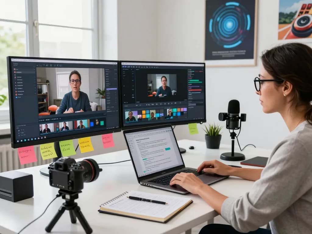 Creation of detailed video to prompt descriptions in a modern workspace with advanced technology.