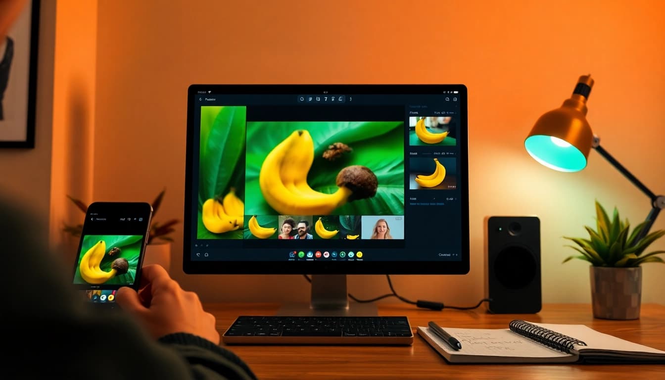 Nano Banana AI image editor in action, transforming photos with vibrant colors and tech elements.