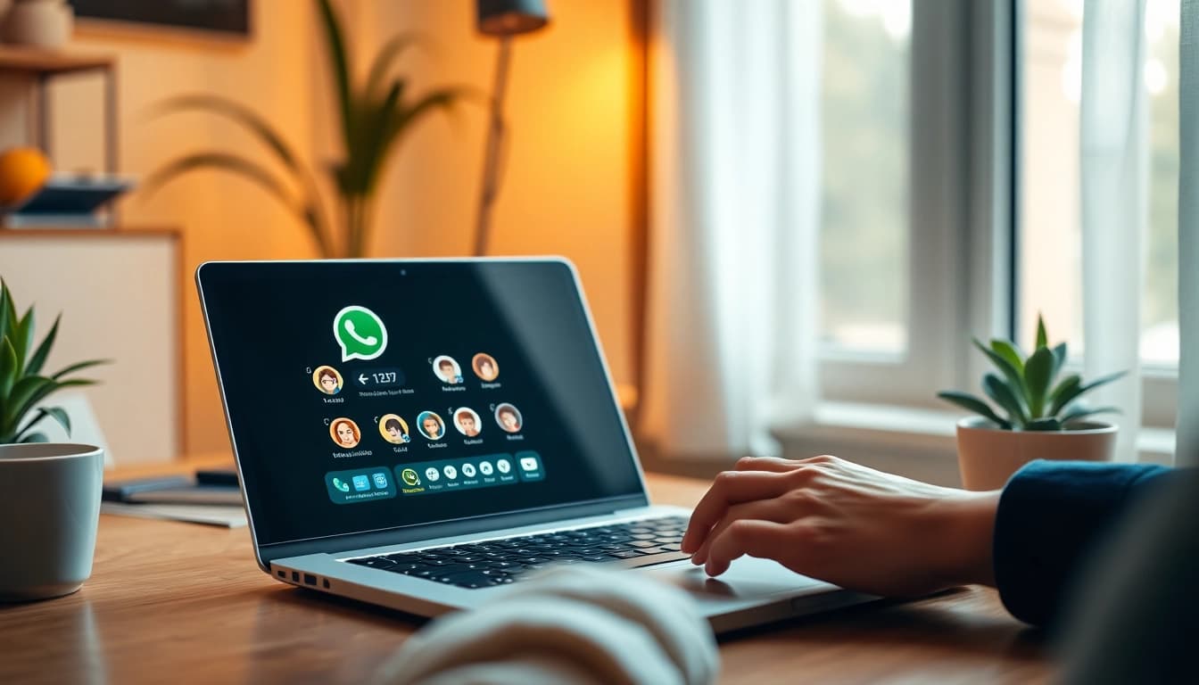 舒适的家庭办公室环境中，WhatsApp网页版界面与无缝沟通元素相互融合。