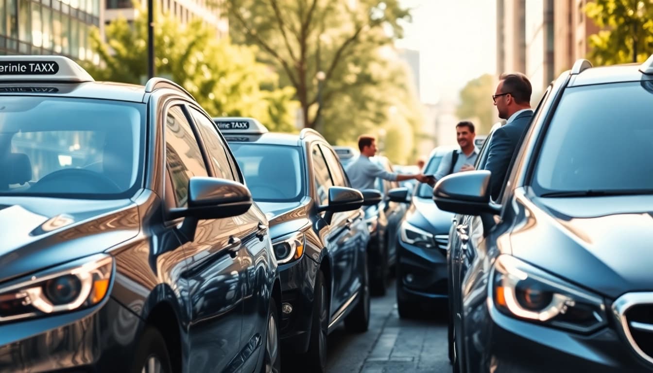 Minicabs waiting in an urban setting with a driver assisting a passenger.