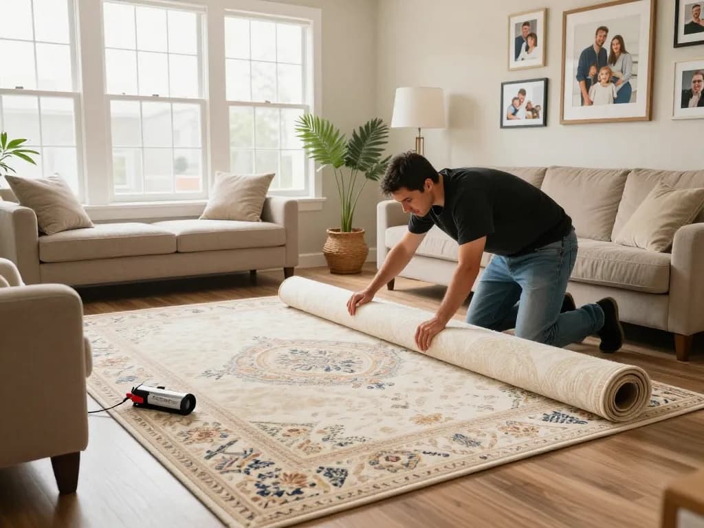 Residential carpet installation in a cozy living room setting with professional installer working.