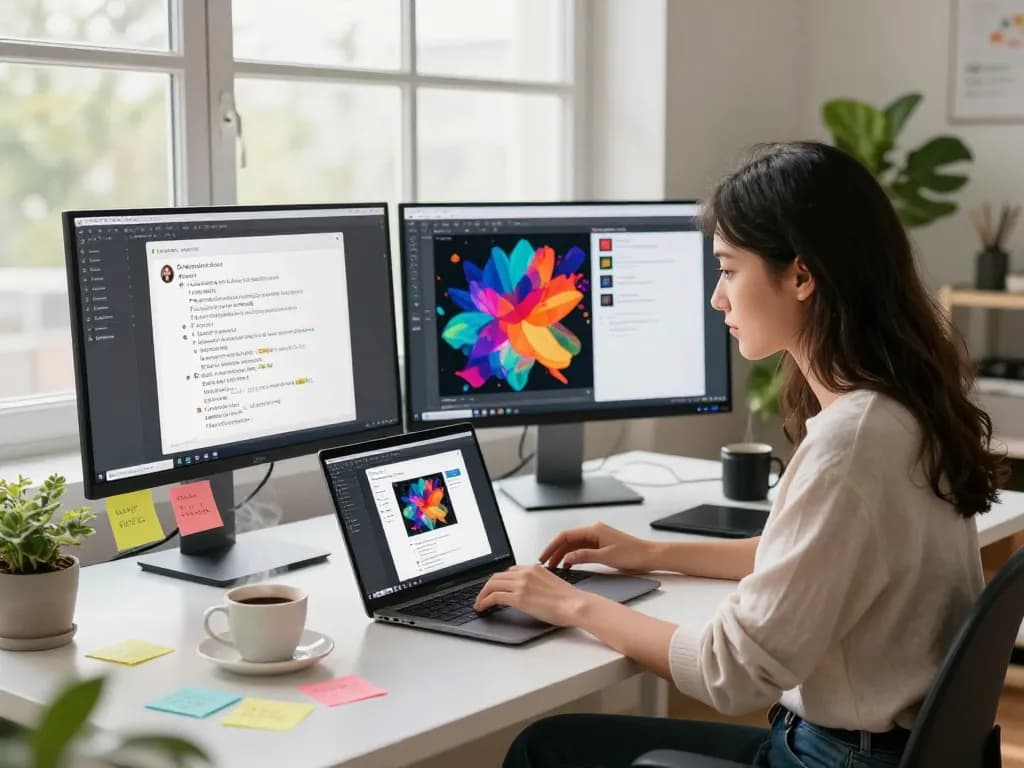 Young woman generating image to prompt in a bright digital workspace.