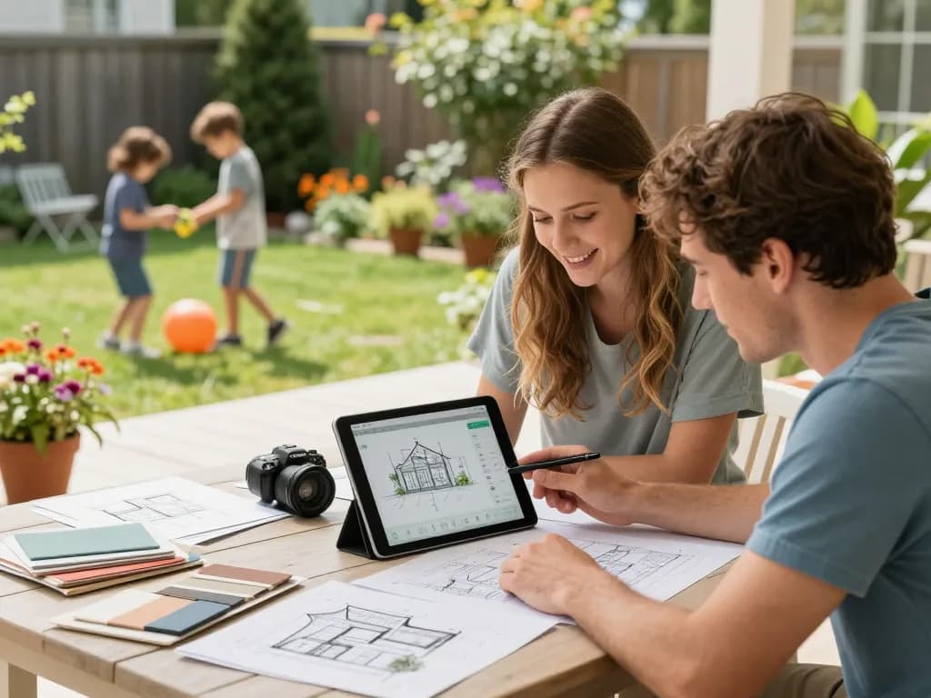 Family using a Veranda configurator on a tablet while designing their outdoor space.