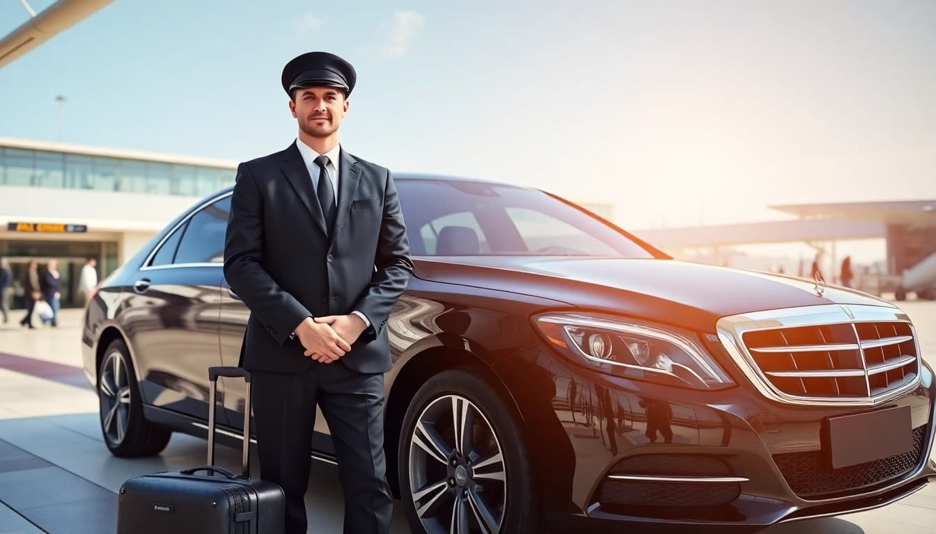 Chauffeur Hire Nottingham service with a professional chauffeur by a luxury sedan at the airport.