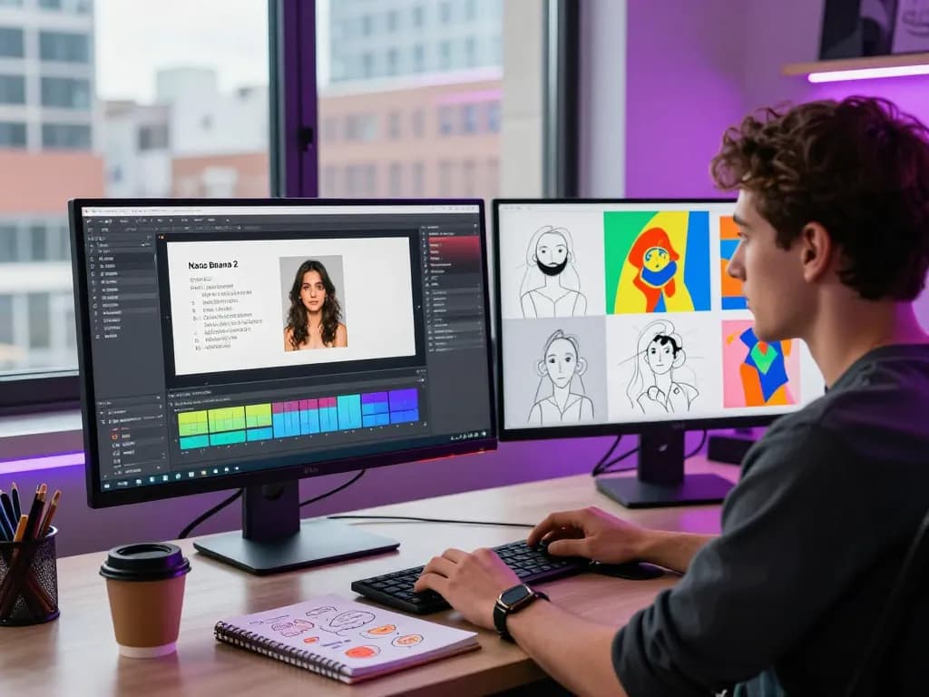 Digital artist using nano banana 2 AI image editor to create stunning visuals in a modern workspace.