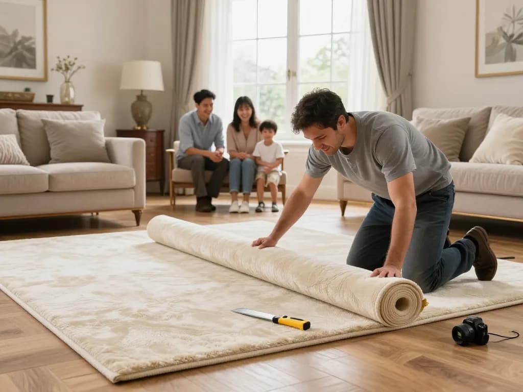 Carpet fitting services West London with professional installer transforming a living room with elegant carpets.
