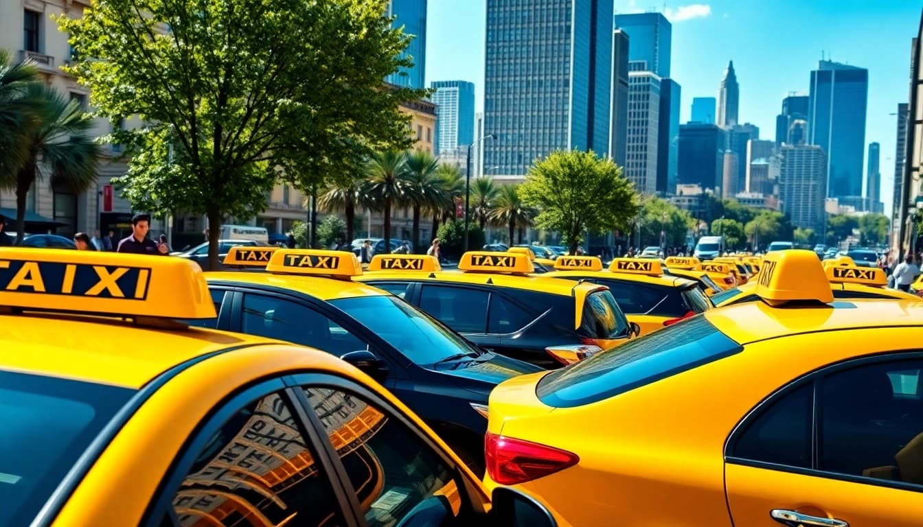 Catch a glimpse of vibrant cabs driving through a bustling city, showcasing urban mobility.