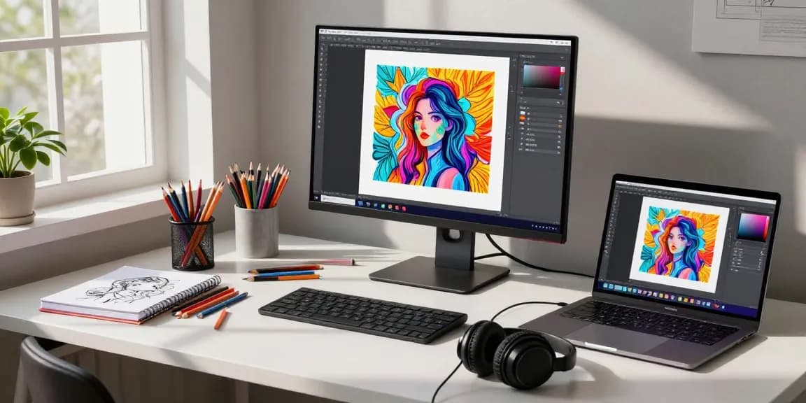 Artist using the image to prompt tool for AI art creation in a modern workspace