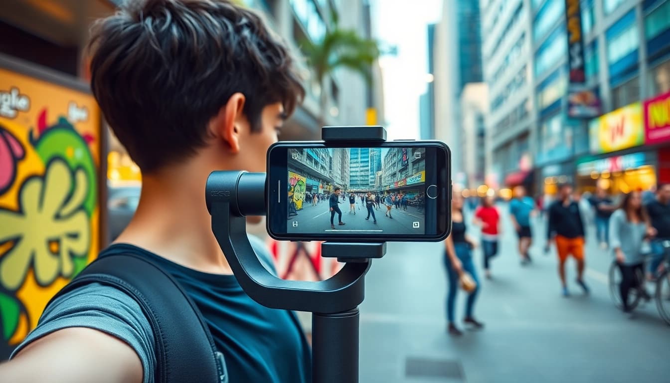 Smartphone-Gimbal stabilizing footage of a street performance in a vibrant urban setting