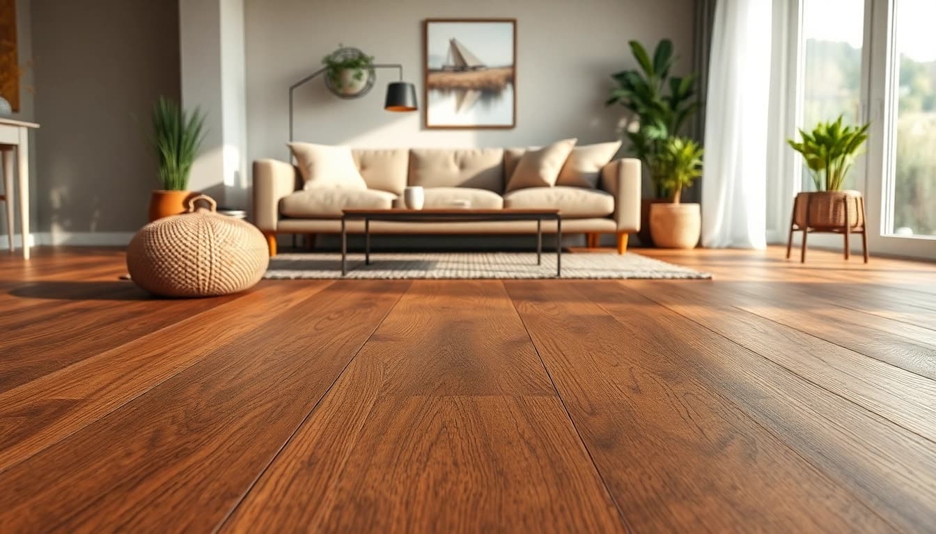 Showcase of vinyl plank flooring in a warm living room with decorative elements.