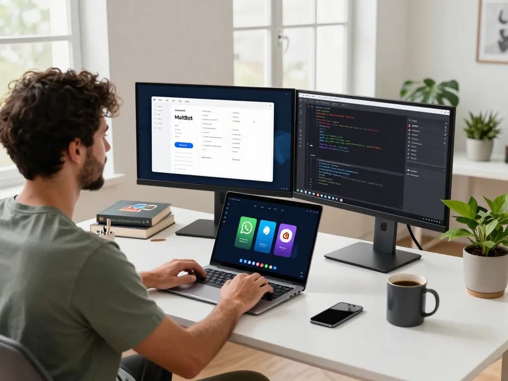 Moltbot in a developer's workspace with screens showing task automation and communication tools, enhancing productivity in 2026