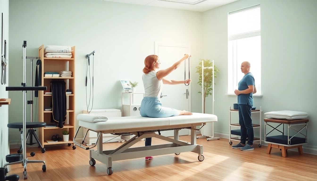 Explore physiotherapy near me, showcasing a therapist guiding a patient through a rehabilitation exercise in a modern clinic.