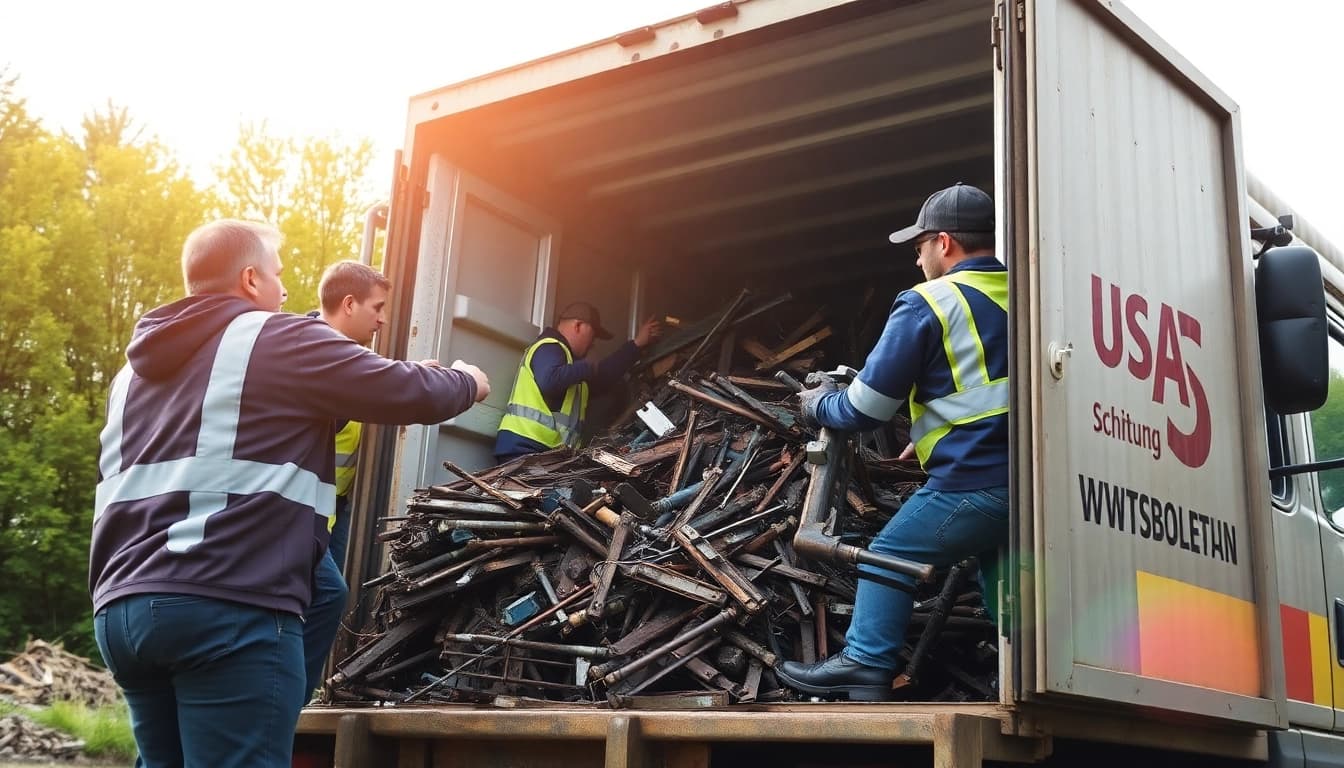 Team conducting Schrottabholung Wuppertal by loading diverse metals into a truck for recycling.