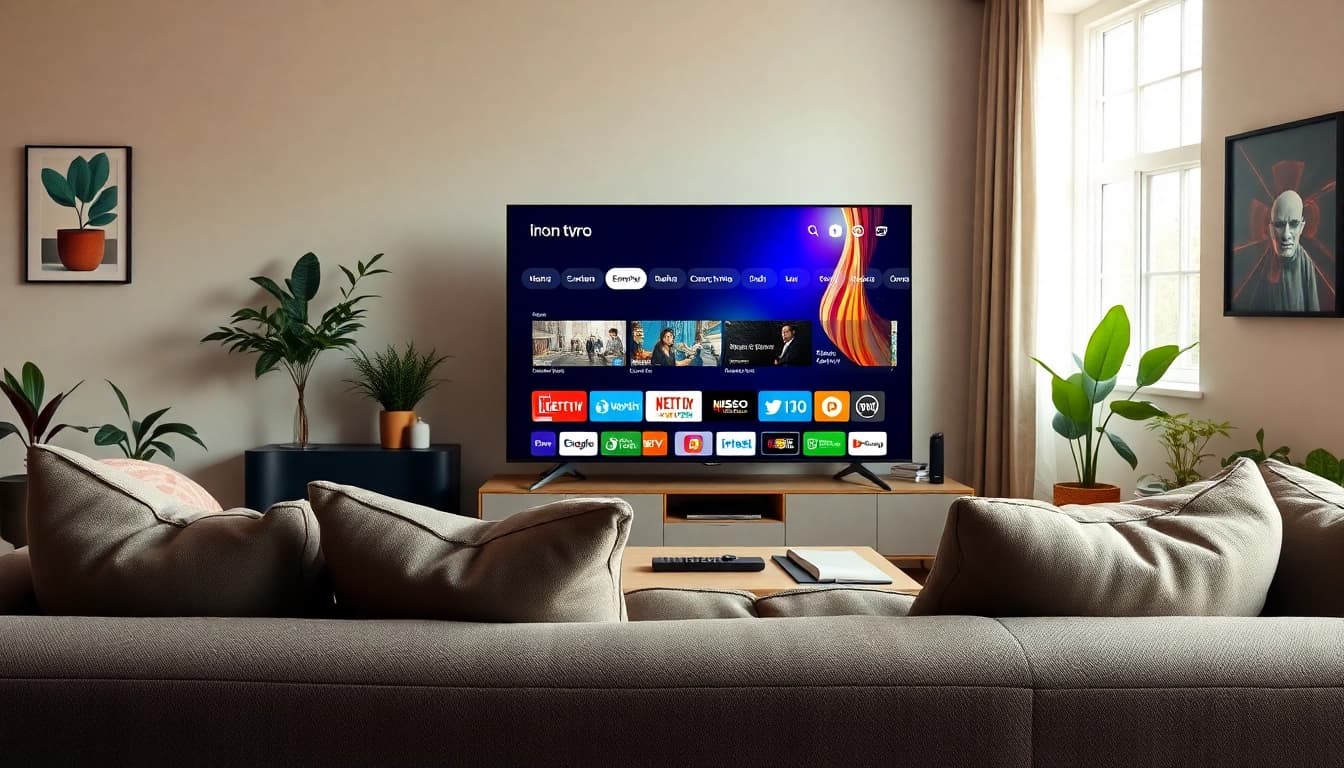 Experience the features of iron tv pro in a modern living room setup highlighting smart technology.