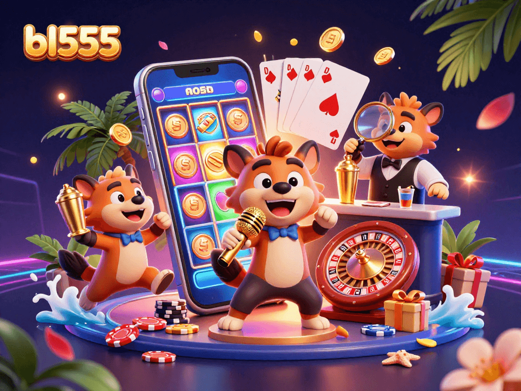 Laughing hyenas entertain at the bl555 casino, mixing drinks and checking IDs surrounded by colorful gaming elements.