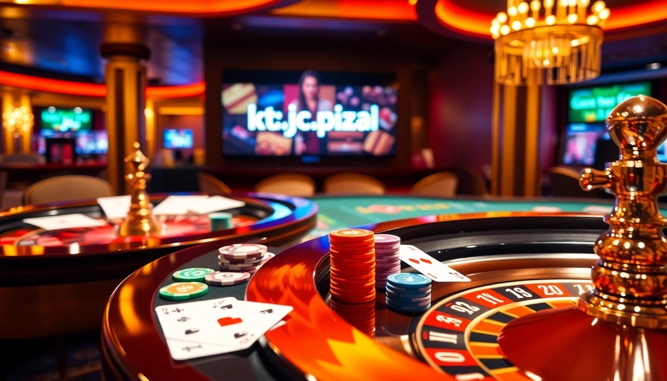 A dynamic casino scene highlighting the website https://kjc.pizza/ with vibrant gambling elements like cards and chips.