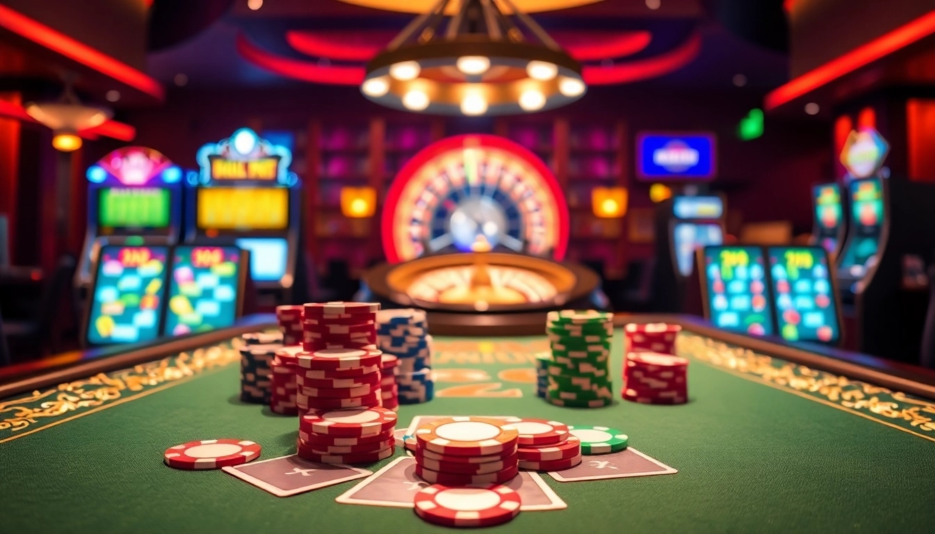 Exciting gambling scene at sv66 featuring vibrant casino tables and spinning roulette wheel.