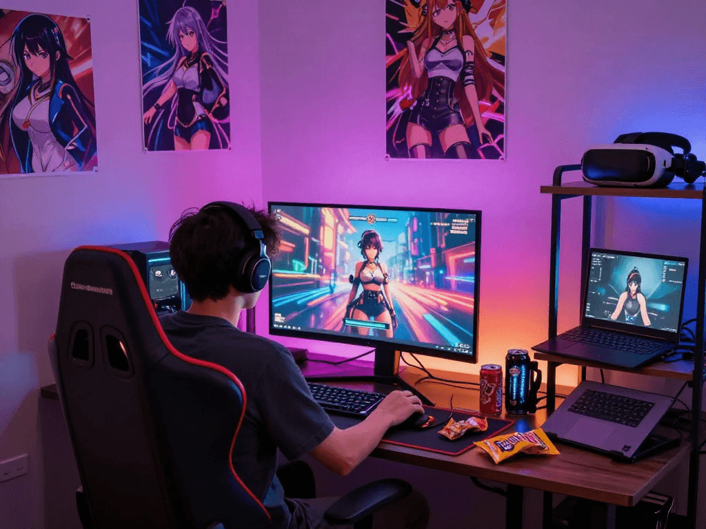 Player engaged in an immersive hentai game in a vibrant gaming setup.