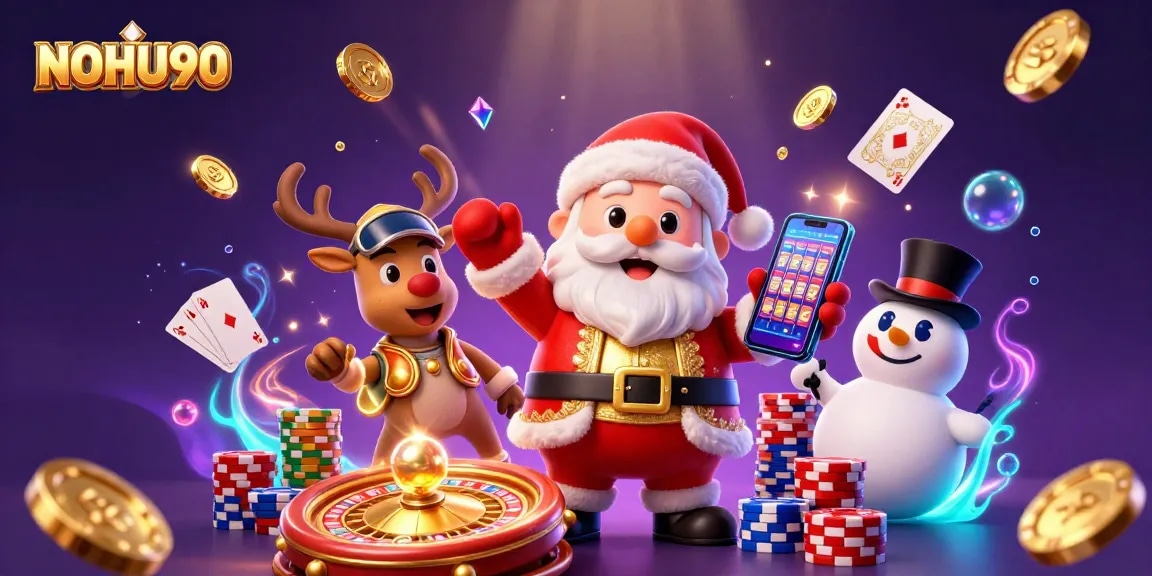 Spin to win at NOHU90 with our festive casino scene featuring Santa, a reindeer dealer, and a snowman!