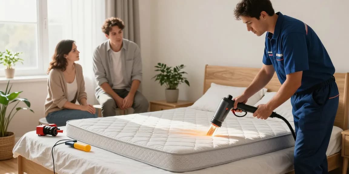 Professional applying bed bug heat treatment in a well-lit bedroom