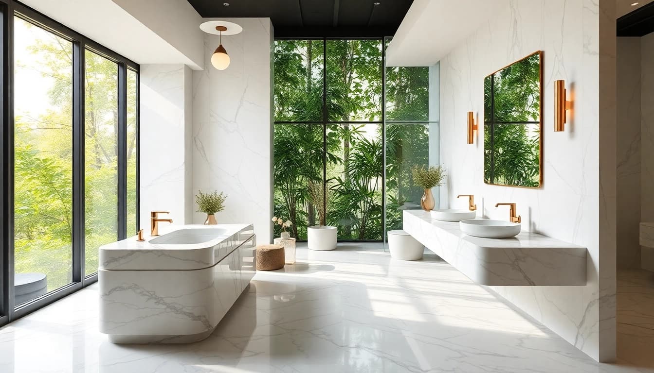 Experience elegant bathrooms with luxurious marble sinks and sleek modern fixtures.