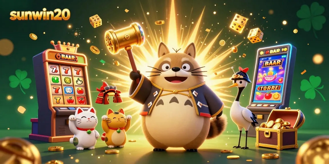 Spin wins at sunwin20 with vibrant casino characters and jackpot explosions in a festive atmosphere.