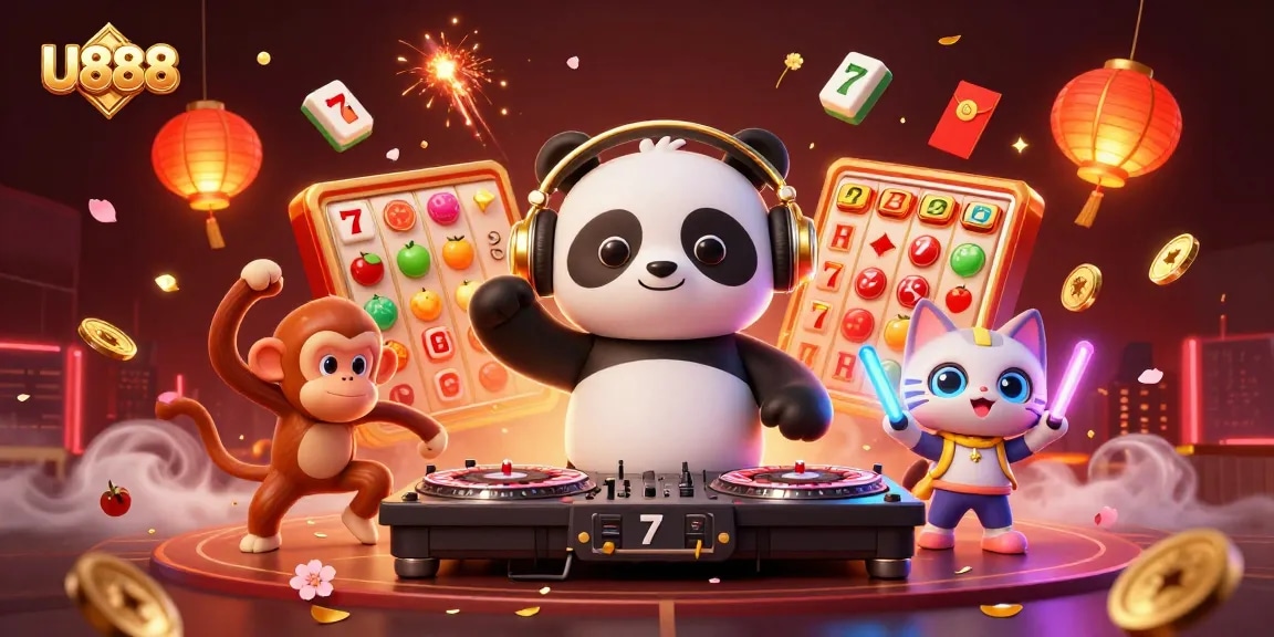 Experience U888's vibrant casino scene with a DJ panda, dancing monkey, and glow-stick kitten in an energetic atmosphere.