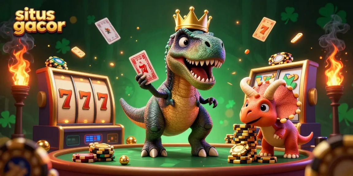 Situs gacor showcases a whimsical scene with a T-Rex shuffling cards, adding excitement to the jackpot atmosphere.