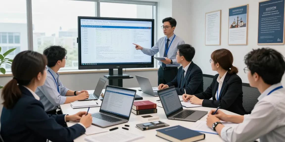 Collaborative forensic auditing meeting at aafikotabandungb.org, showcasing teamwork and data analysis in a professional office