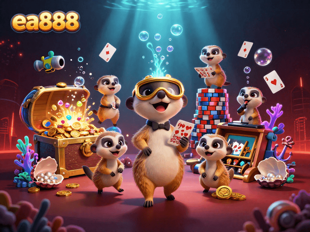 Experience the thrilling world of ea888 with playful meerkats managing a vibrant casino.