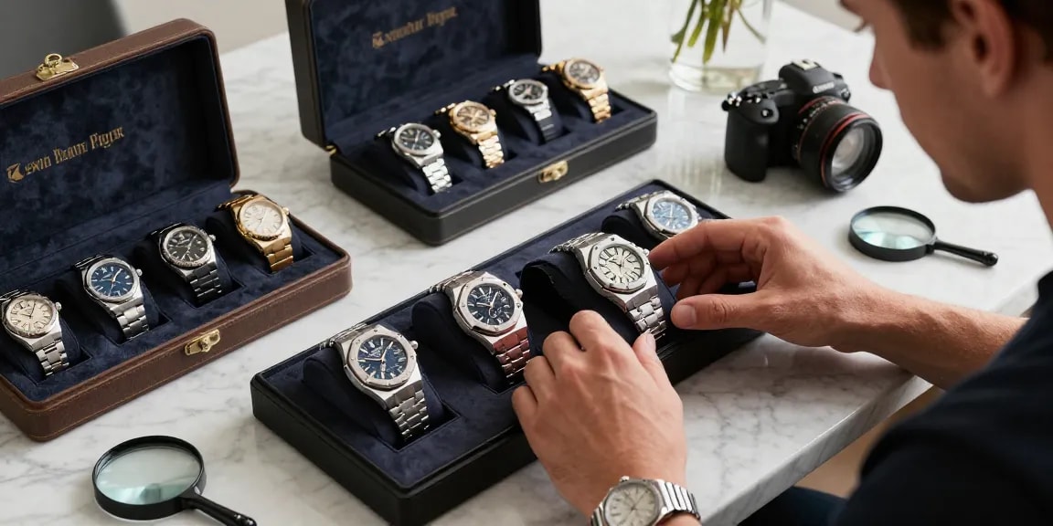 Showcasing super clone watches in a luxurious display with elegant timepieces and accessories.