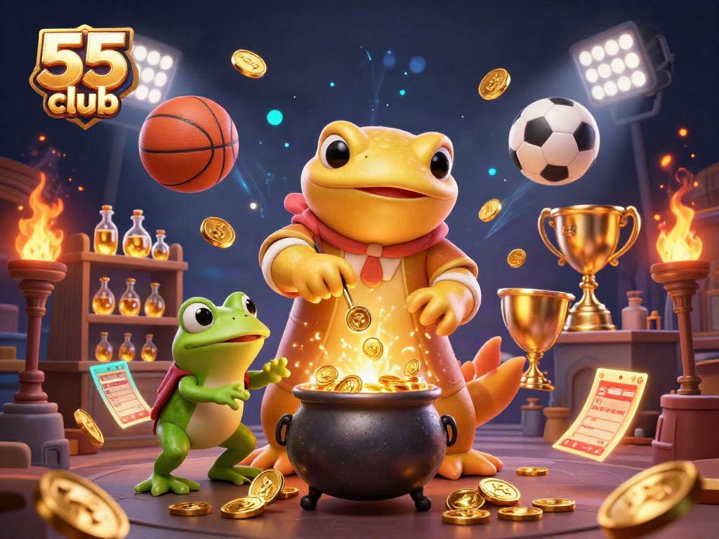 Experience the excitement of betting at 55 club with vibrant gaming adventures in this dynamic illustration.