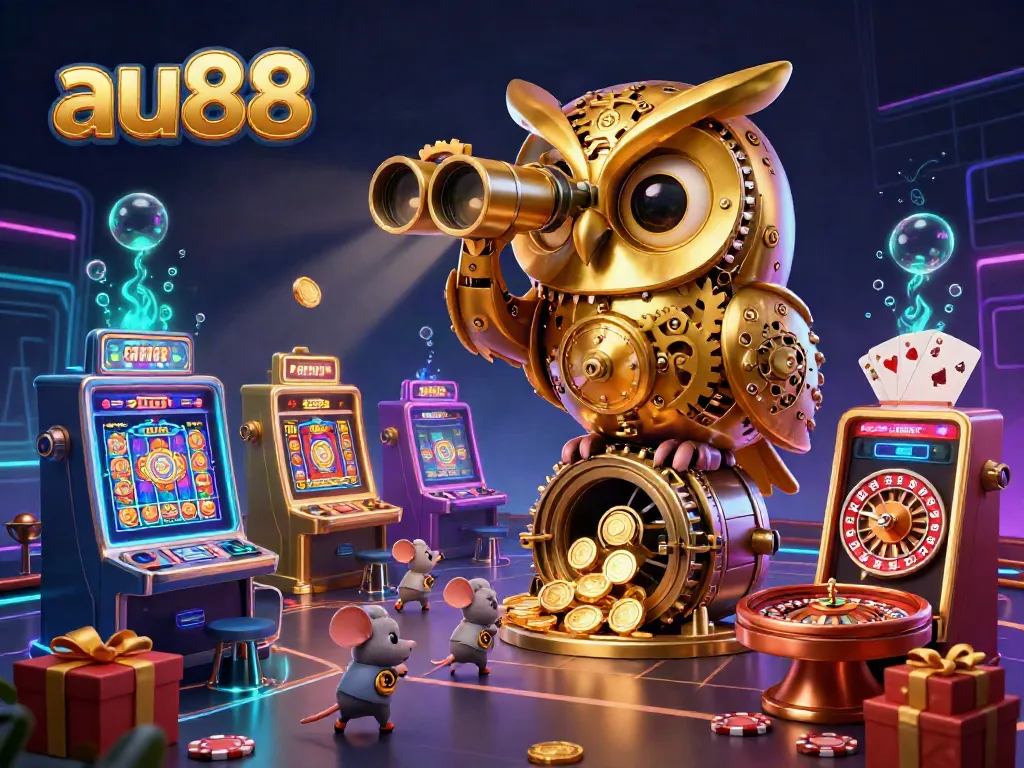 Experience the excitement of au88 with a golden owl and vibrant casino action in a magical 3D illustration.