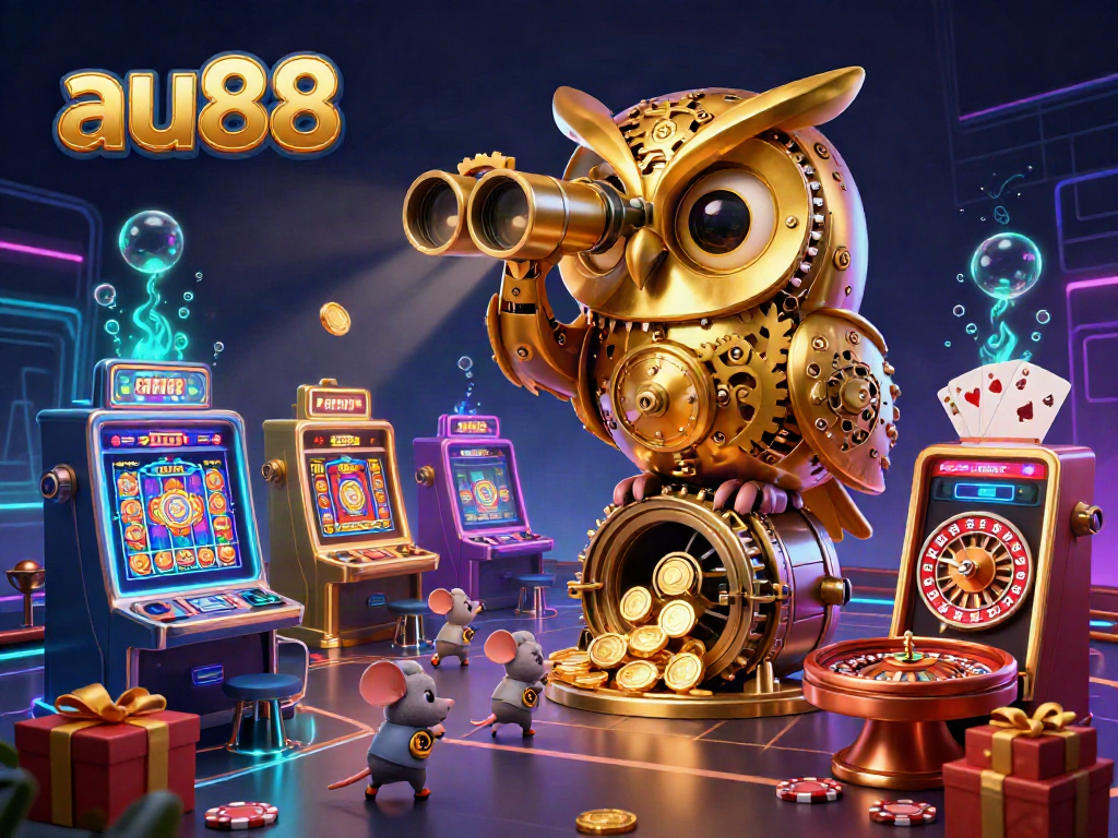 Experience the excitement of au88 with a golden owl and vibrant casino action in a magical 3D illustration.