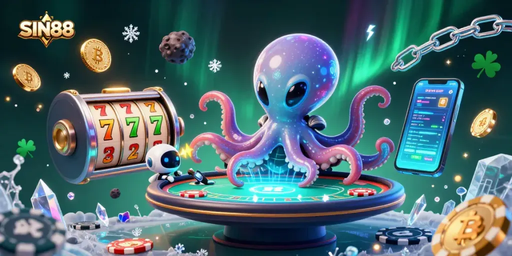 Play games at SIN88 with an alien octopus dealer at an exciting holographic poker table surrounded by vibrant casino elements.