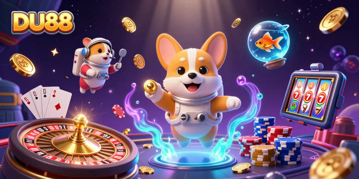 Experience excitement at DU88 with a vibrant space casino illustration featuring games and rewards.