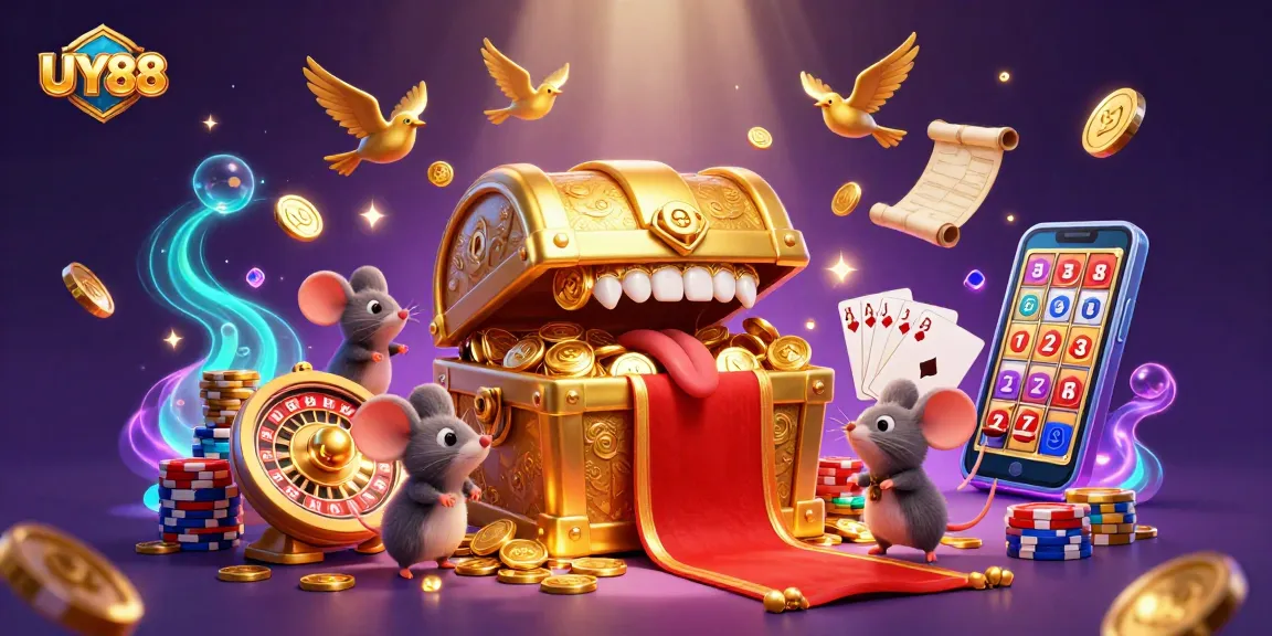 Spin the slots at UY88 with a treasure chest and gold coins in an exciting casino adventure.