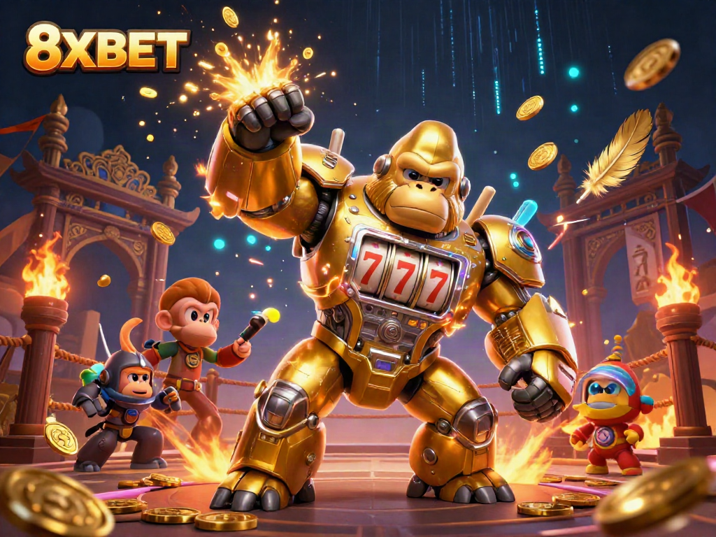 Engage with thrilling 8XBET gaming action featuring a golden gorilla mech surrounded by vibrant casino elements.