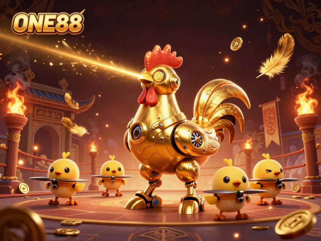 Engage with ONE88's thrilling gameplay under vibrant lights, featuring a golden rooster and baby chick drones.