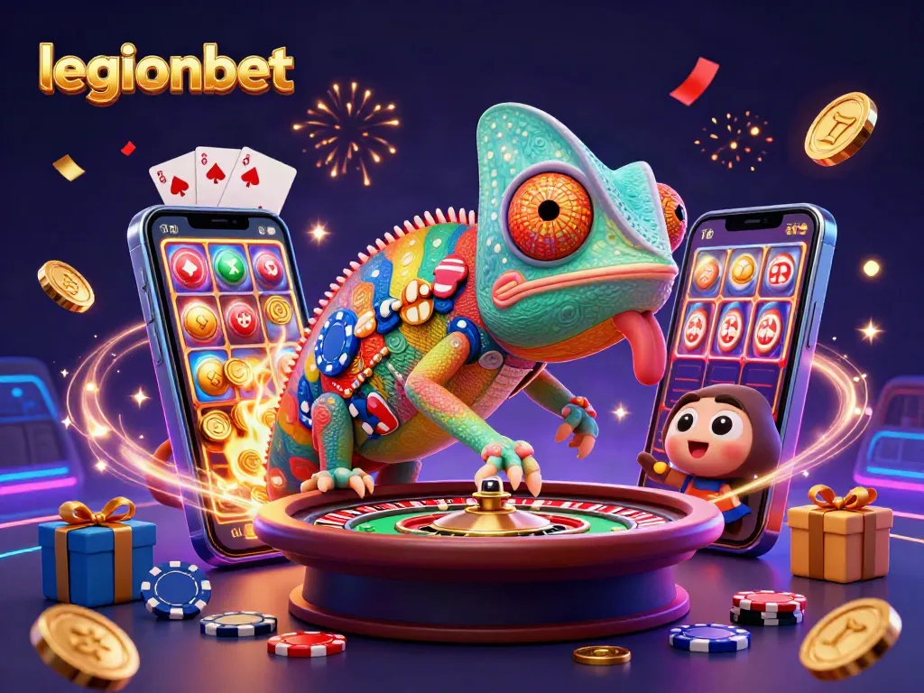 Catch golden coins in the vibrant world of legionbet casino, featuring a colorful chameleon and dynamic gaming elements.