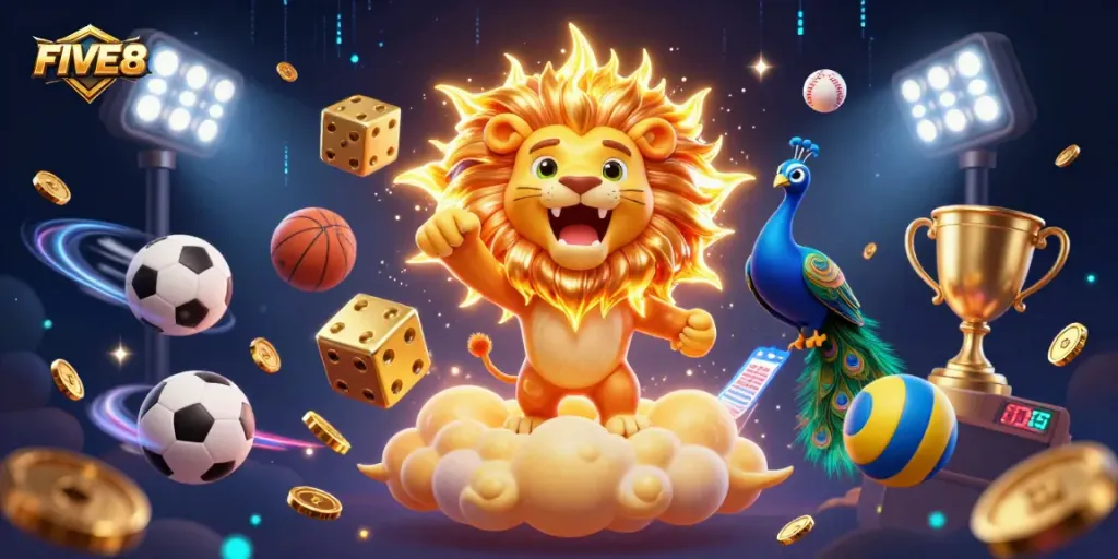 Experience excitement at FIVE88 with dynamic sports action, golden dice, and a triumphant sun lion.