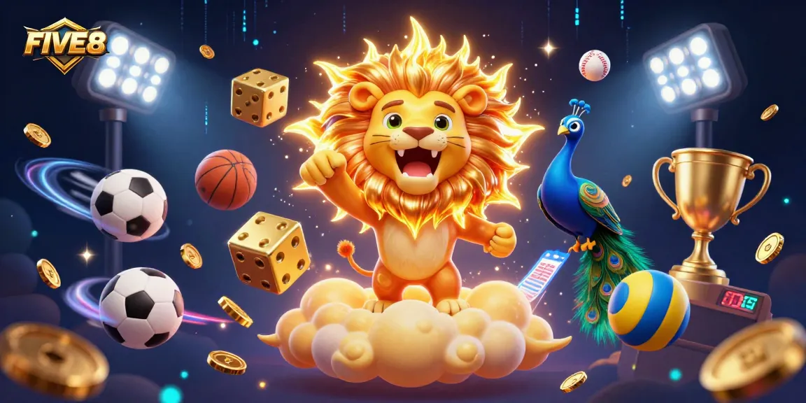 Experience excitement at FIVE88 with dynamic sports action, golden dice, and a triumphant sun lion.