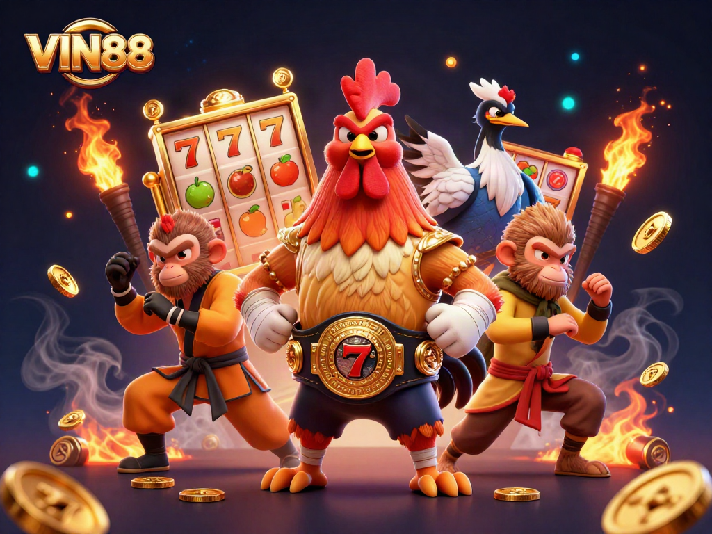 Experience the thrill of gaming at VIN88 with dynamic casino elements and vibrant characters.