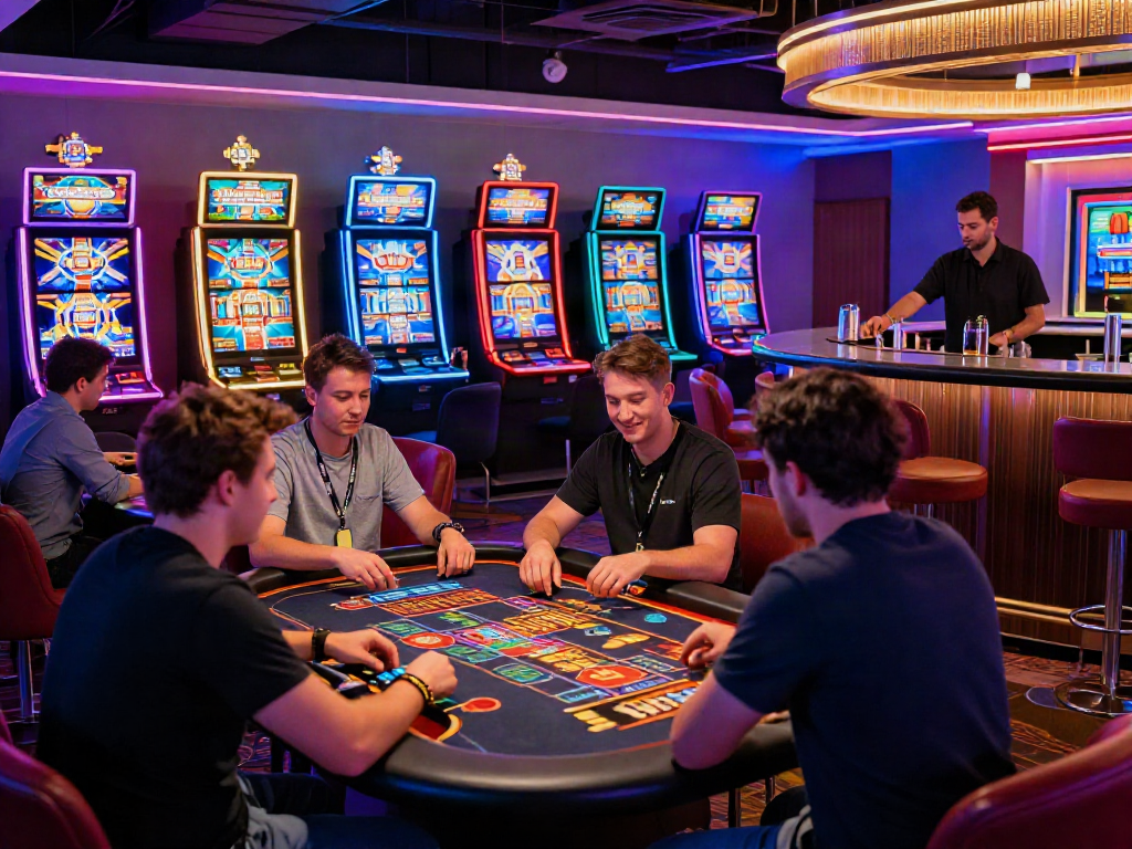 Casino not on GamStop featuring players at vibrant gaming tables in a modern setting.