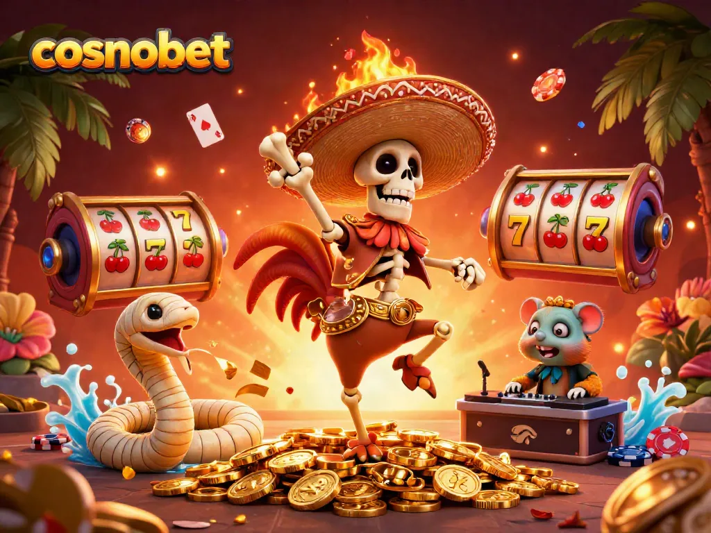 Experience the excitement of cosmobet with dancing characters and vibrant casino elements.