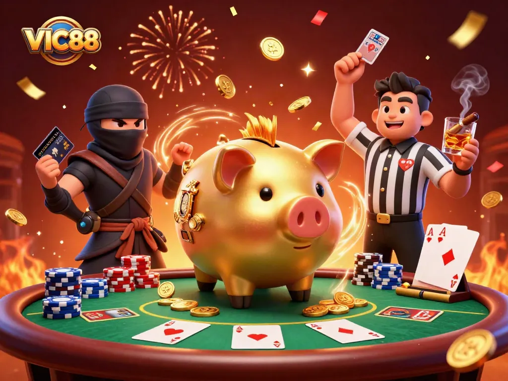 Watch VIC88's exciting golden piggy bank sumo wrestler challenge a wallet-ninja in this dynamic casino scene.