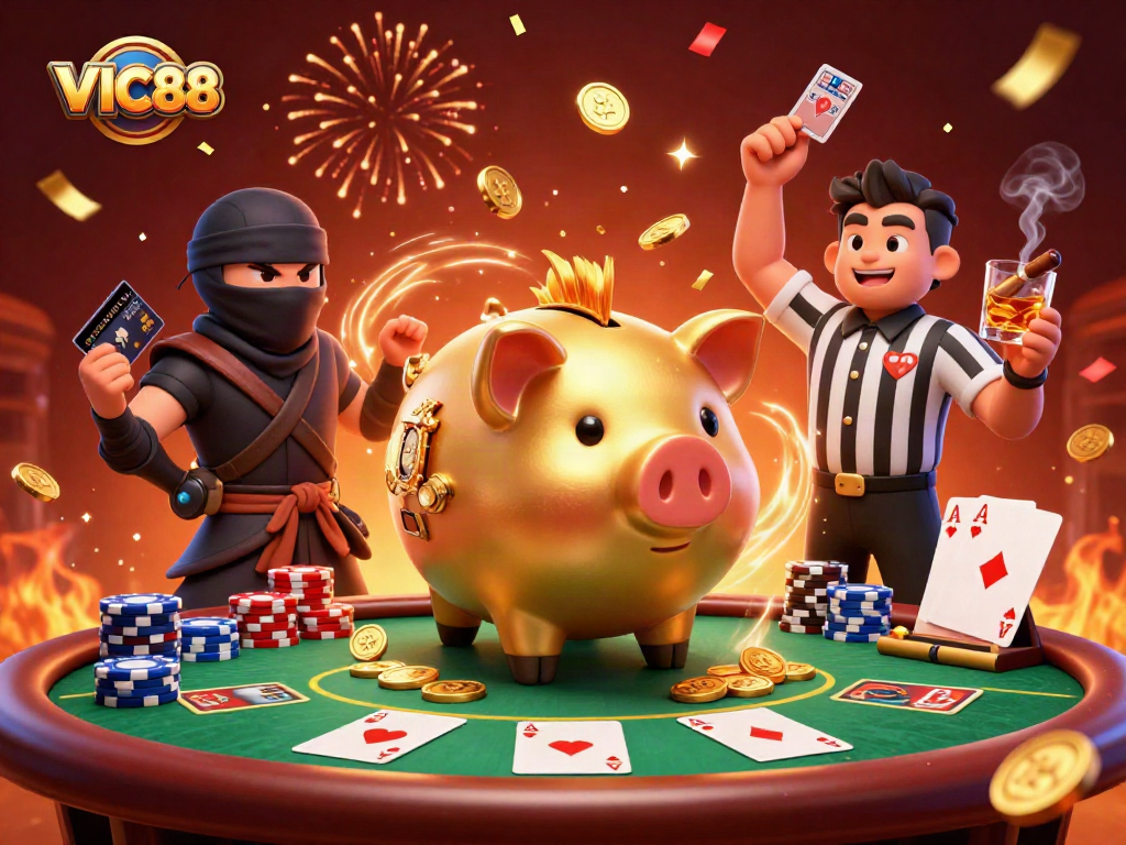 Watch VIC88's exciting golden piggy bank sumo wrestler challenge a wallet-ninja in this dynamic casino scene.